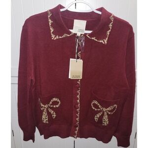 Sunday Edition Womens Burgundy Leopard Bow Cardigan Sweater MWJ20053 Small NWT‎